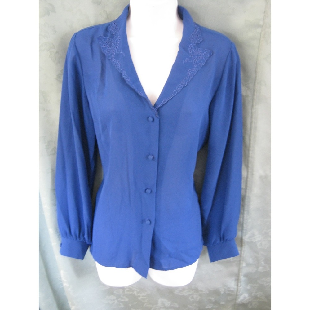 VTG Macshore Classics Blouse Size 8 Cobalt Blue Embroidered Collar Sheer Top